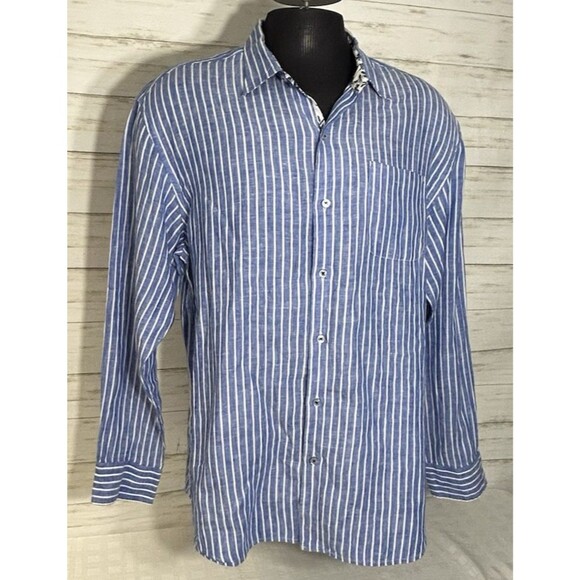 TOMMY BAHAMA Shirt Mens XL Blue White Stripe 100% LINEN Button Long Sleeve Shirt